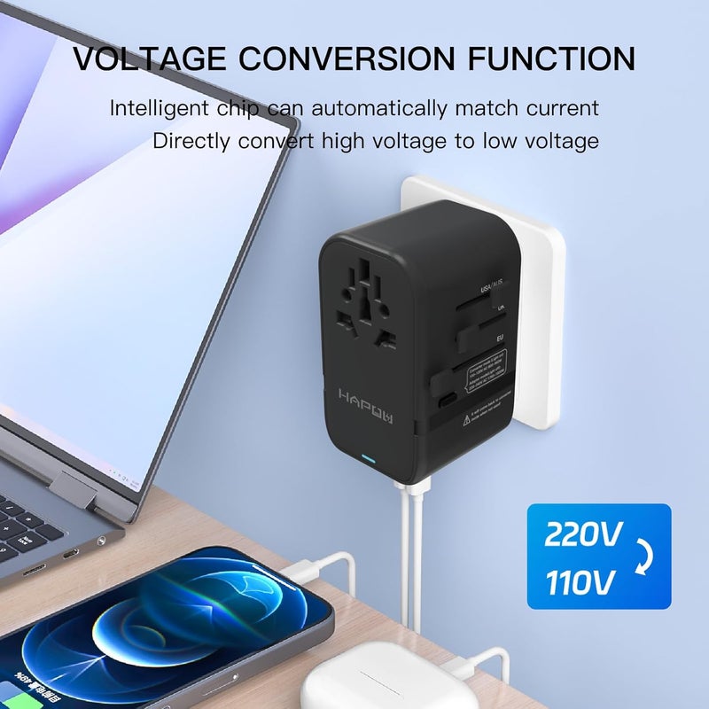 HAPOW Voltage Converter Universal Travel Adapter, PD20W International Power Adapter,Fast Charging Travel Charger, All in One Worldwide Travel Plug Adapter, Outlet Adapter for EU UK USA AU, Black - Image 2